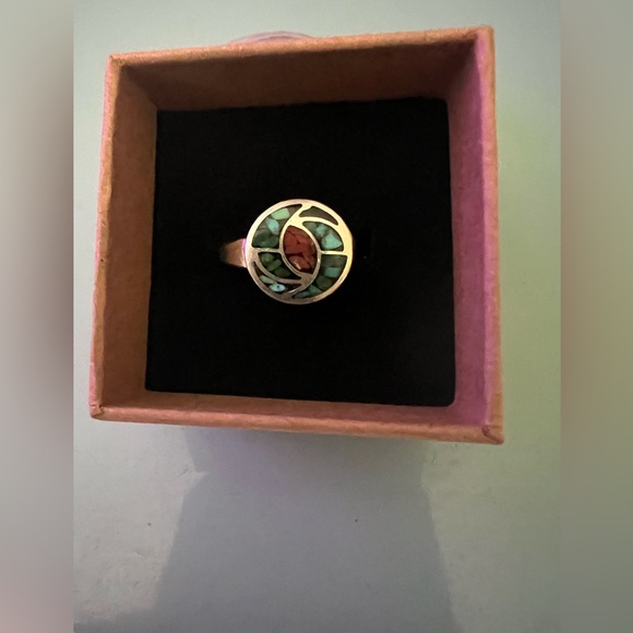 Southwestern Jewelry - Southwestern .925 Inlay Turquoise n Coral Ring